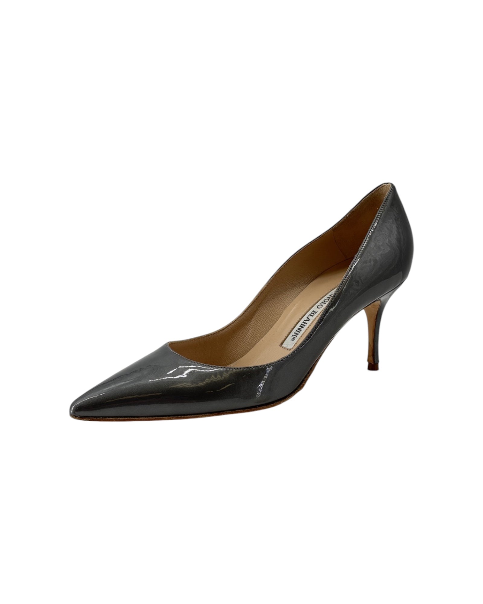 Silver high-heeled shoe on a white background
