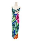 Colorful floral dress on a mannequin against a white background