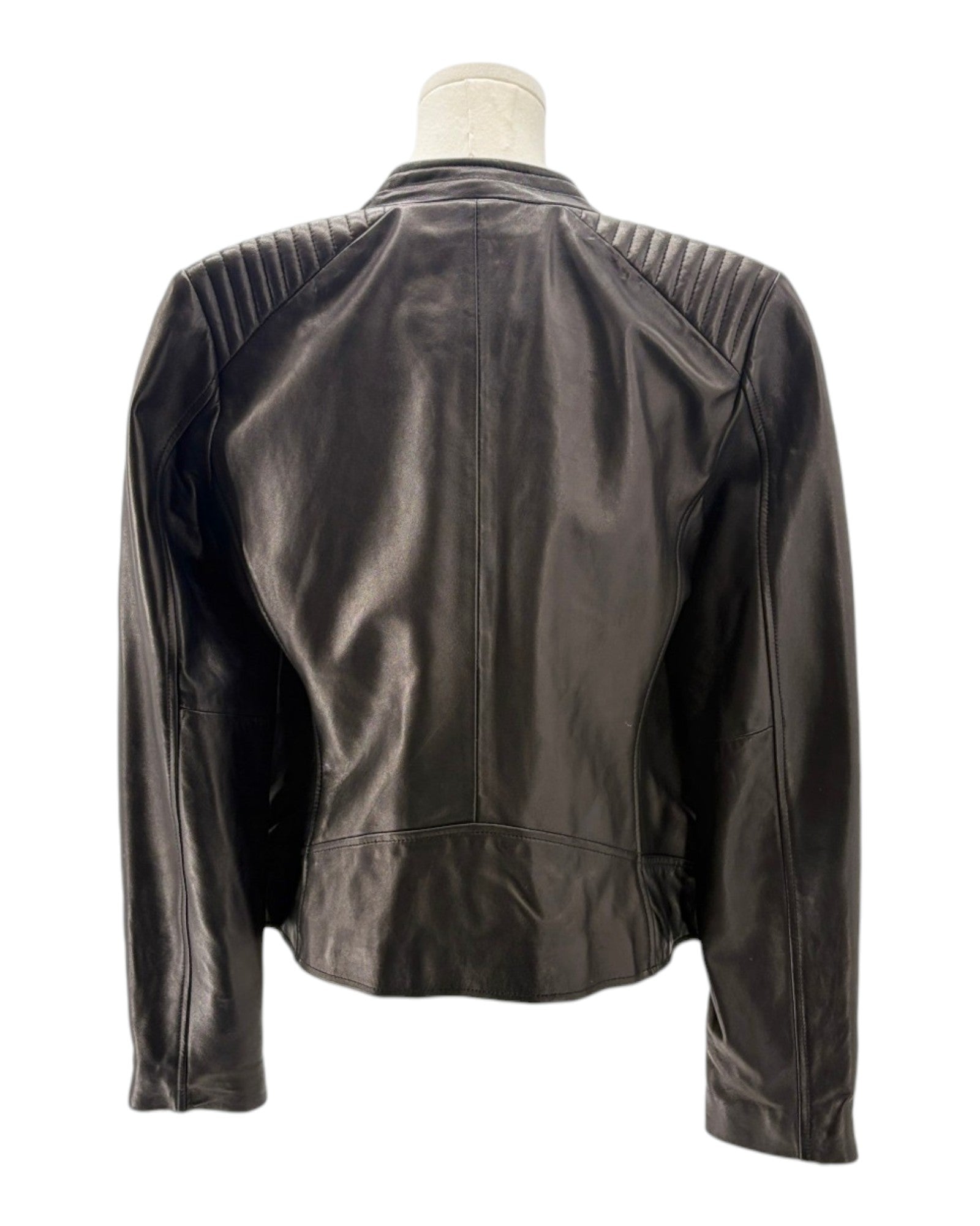 Black leather jacket on a mannequin against a white background