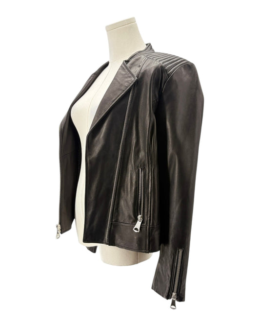 Black leather jacket on a mannequin against a white background