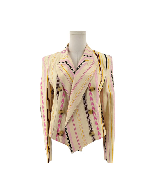Cream with multi color geometric/tribal print, cropped, classic pointed collar, three front button closure on a mannequin on a white background