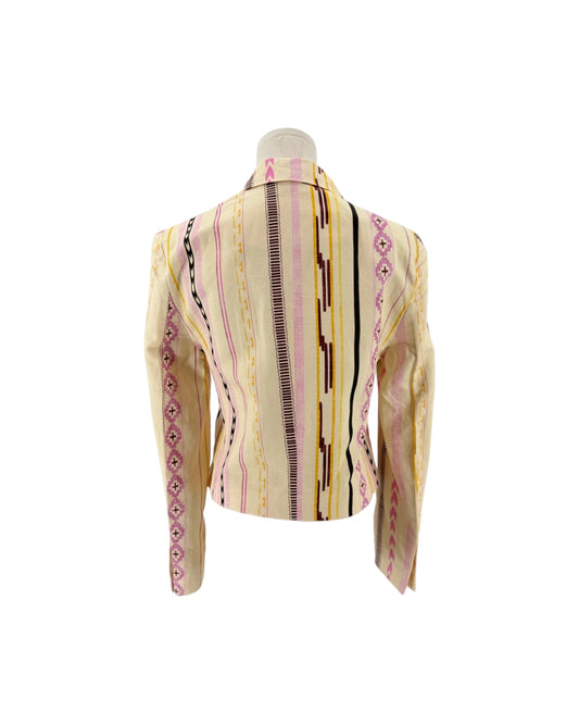 Cream with multi color geometric/tribal print, cropped on a mannequin on a white background