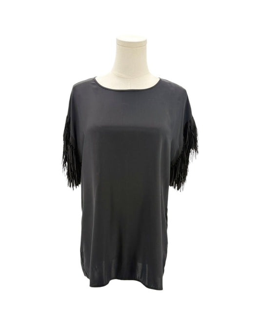 Black fringe top on a mannequin with a white background