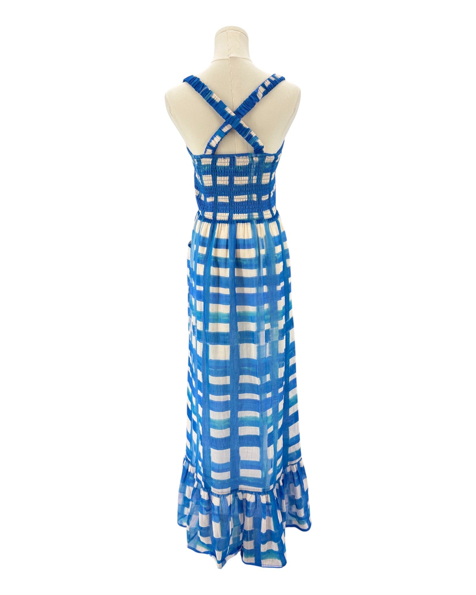 Marie Oliver blue and white checkered maxi dress