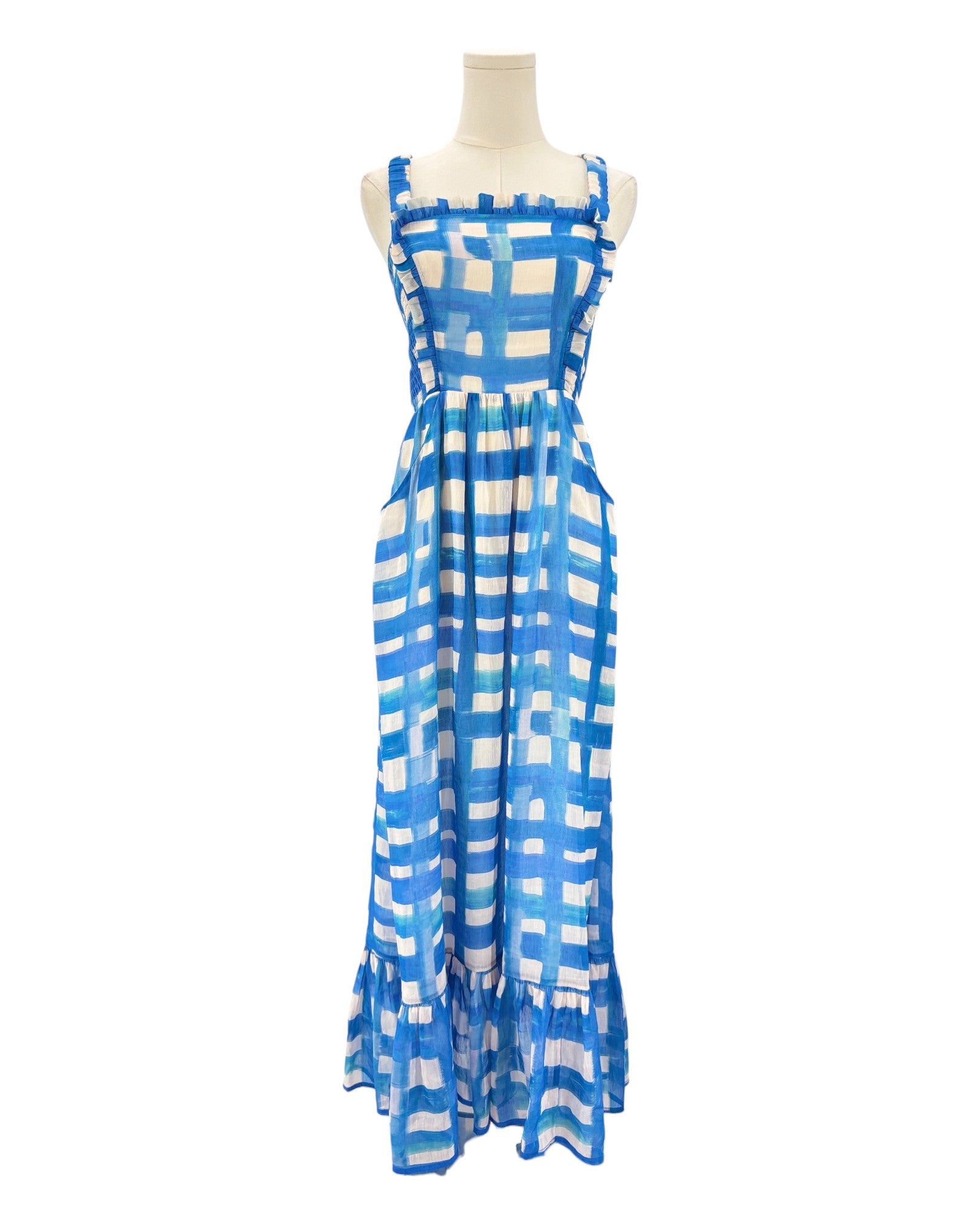 Marie Oliver blue and white checkered maxi dress