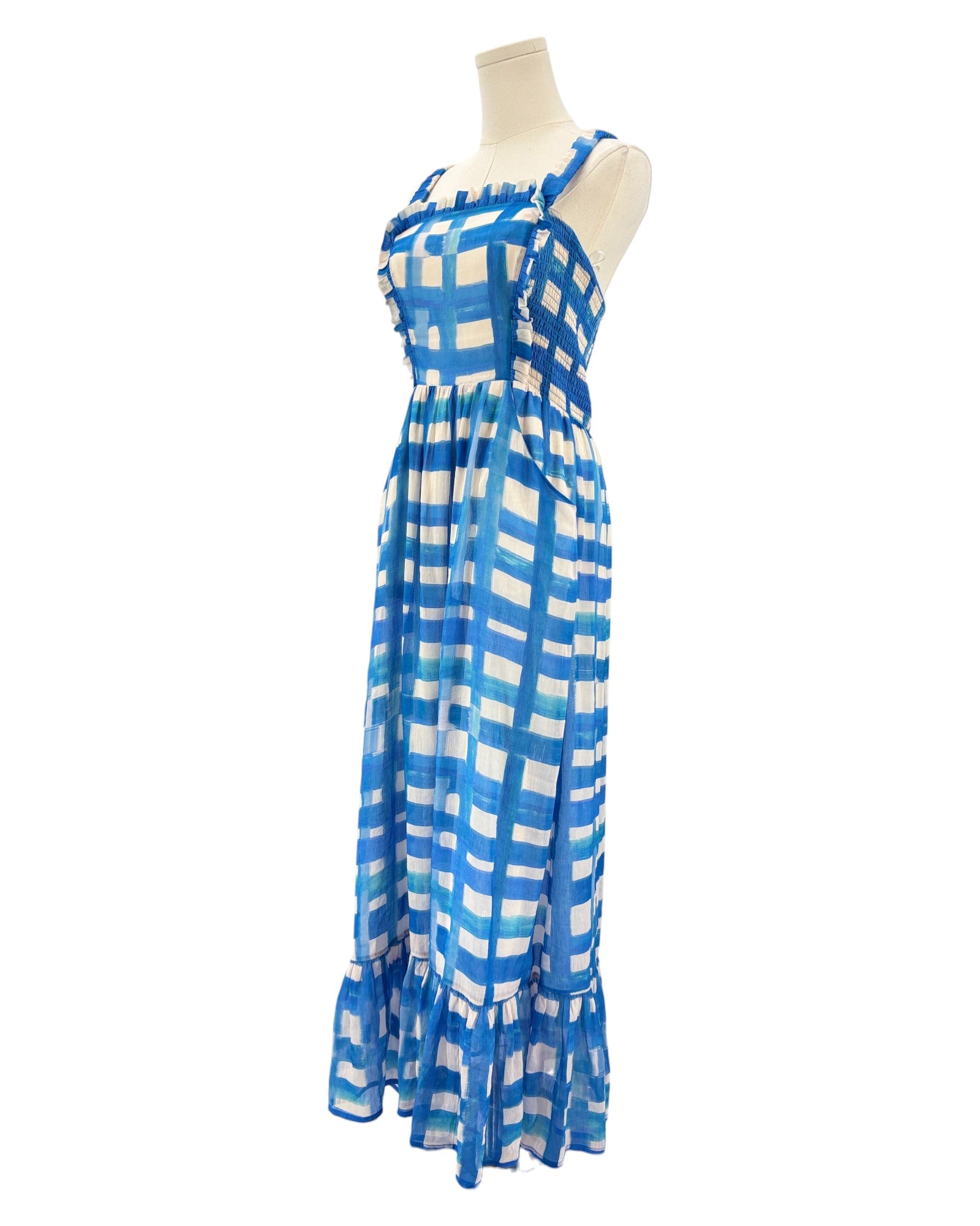 Marie Oliver blue and white checkered maxi dress