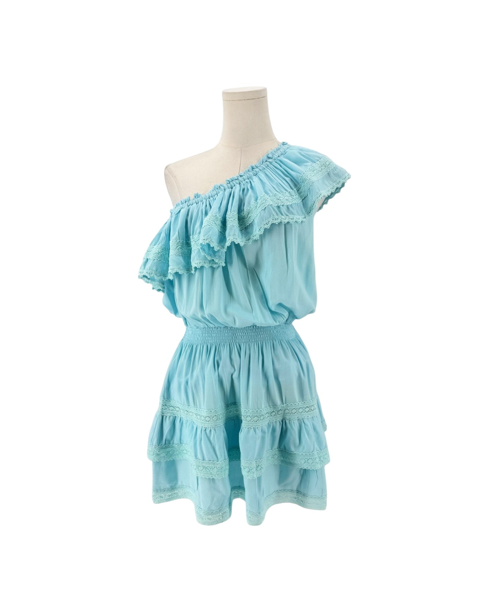 A light blue one-shoulder ruffle dress displayed on a cream mannequin torso against a plain white background.