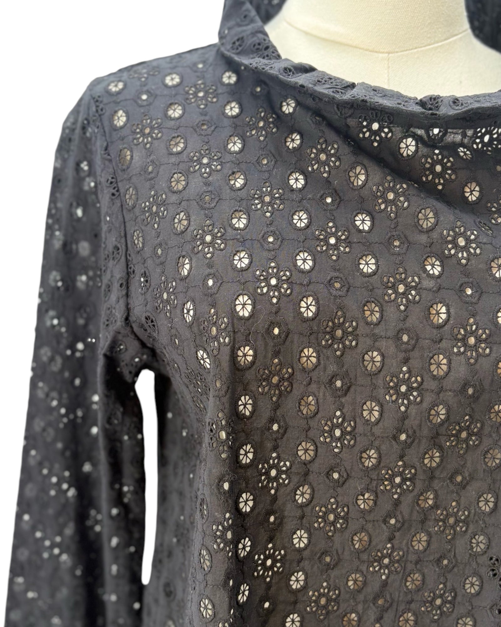 Black blouse eyelet floral patterns on a mannequin