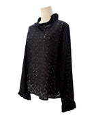 Black blouse with eyelet fabric on a mannequin against a white background