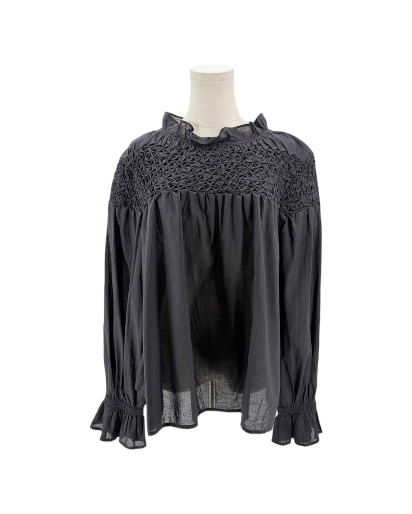 Black blouse with lace detailing on a mannequin against a white background