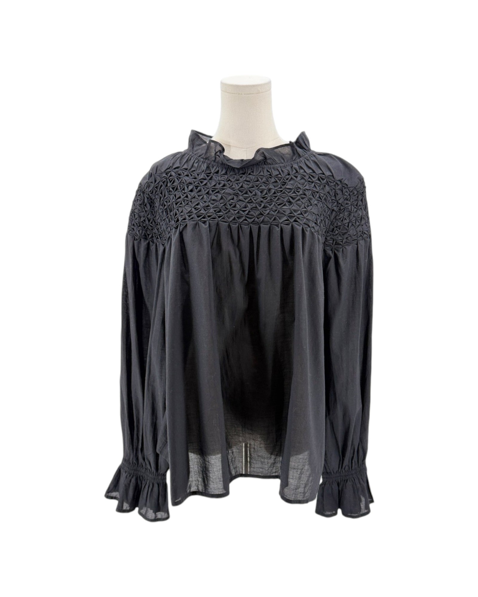 Black blouse with lace detailing on a mannequin against a white background