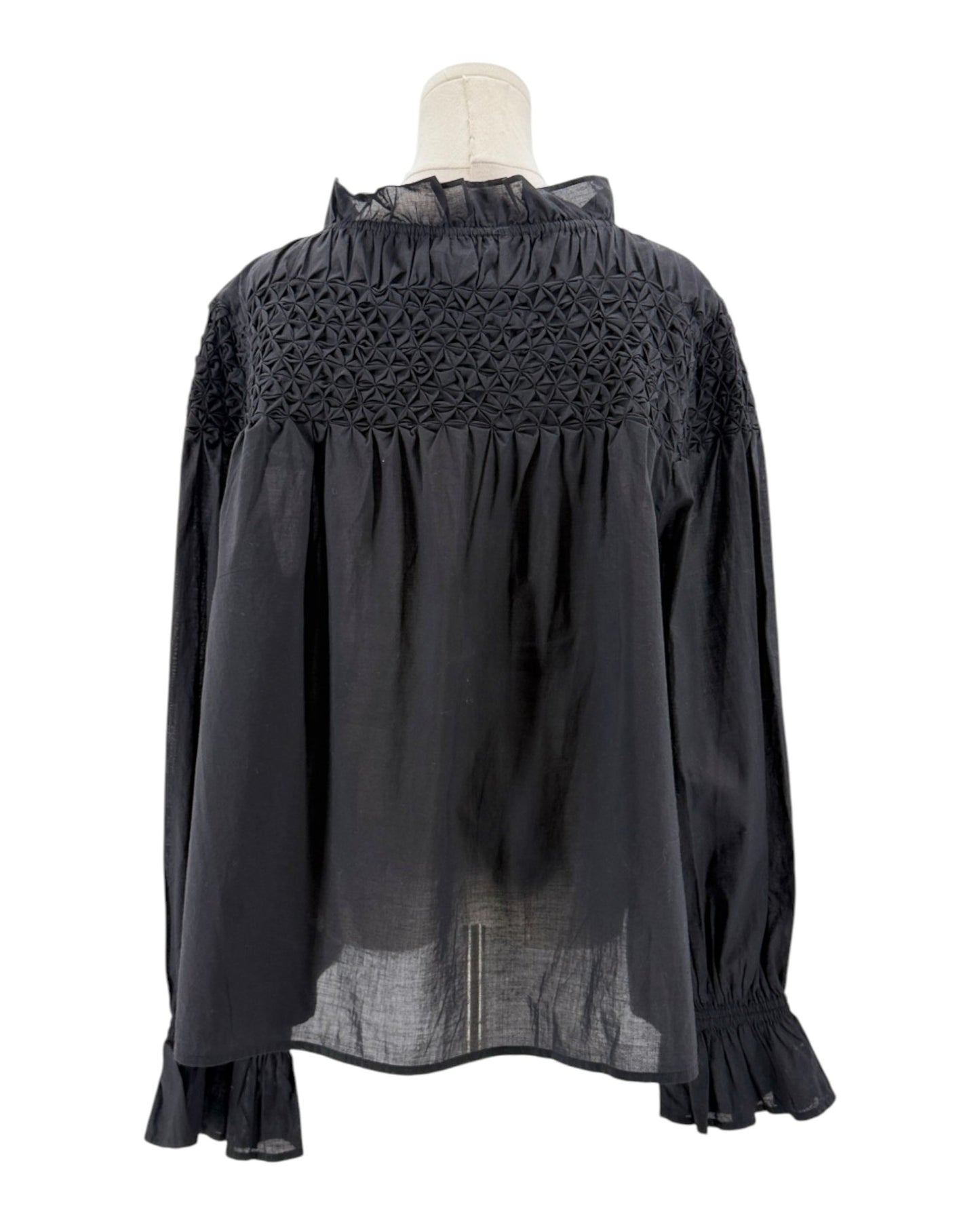 Black blouse with lace detailing on a mannequin against a white background