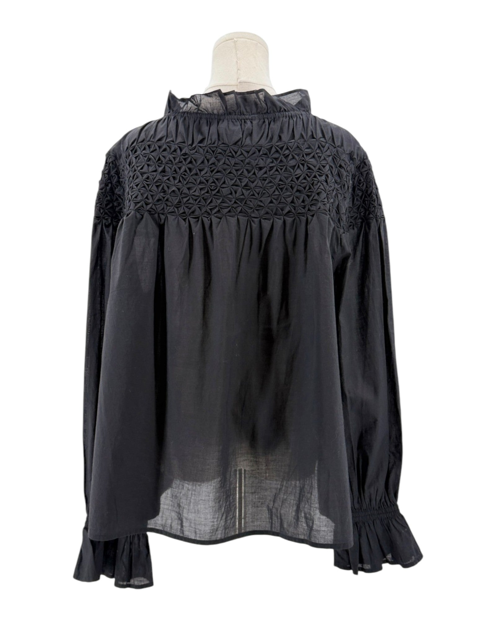 Black blouse with lace detailing on a mannequin against a white background