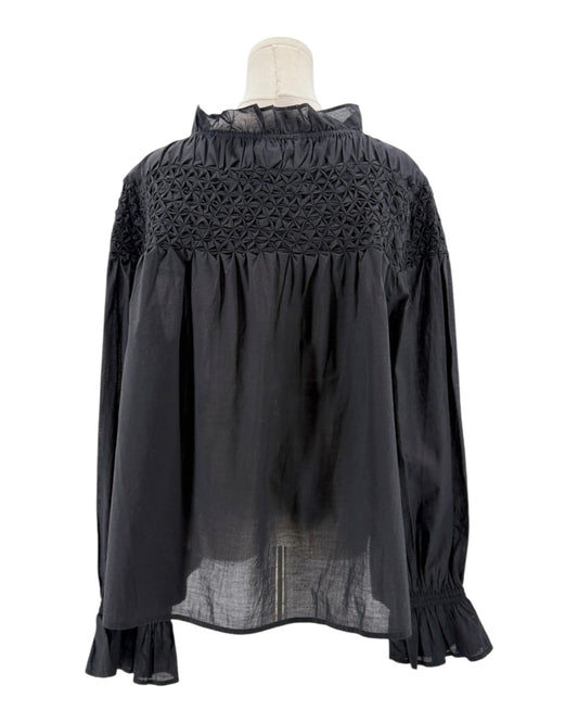 Black blouse with lace detailing on a mannequin against a white background