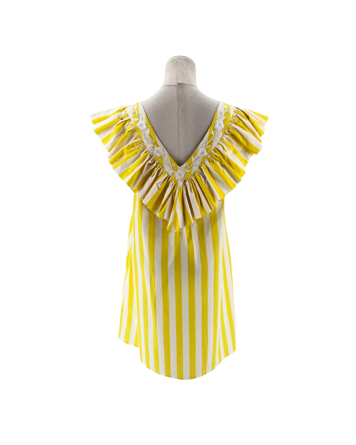 Yellow and white striped mini dress with white embroidered flowers along the neckline on a mannequin on a white background