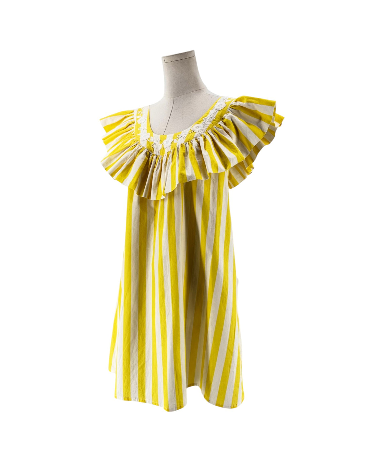 Yellow and white striped mini dress with white embroidered flowers along the neckline on a mannequin on a white background