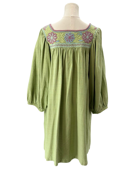 Mi Golondrina green dress with floral embroidery
