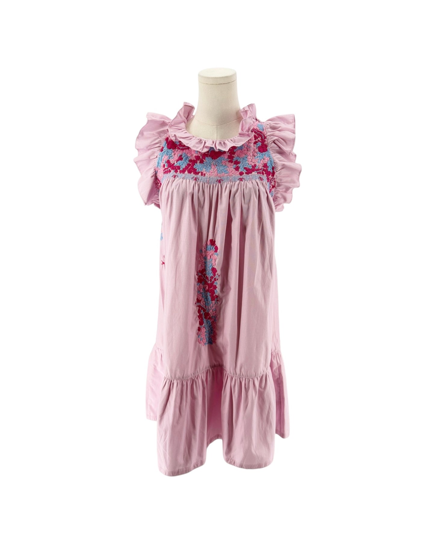 A pink cotton mini dress with ruffled sleeves and a smocked floral chest panel, displayed on a mannequin torso against a white background.