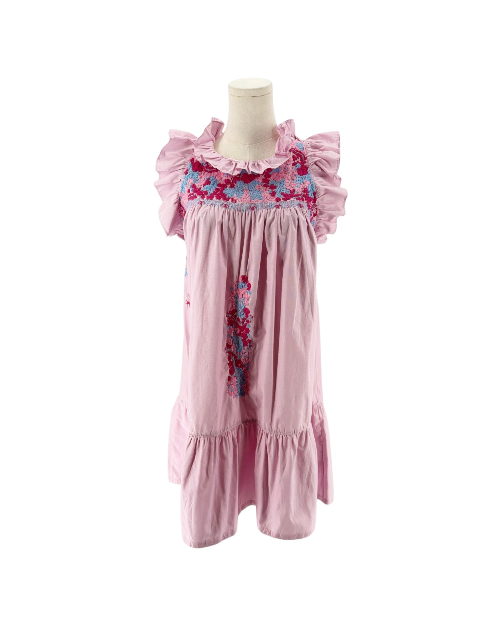 A pink cotton mini dress with ruffled sleeves and a smocked floral chest panel, displayed on a mannequin torso against a white background.