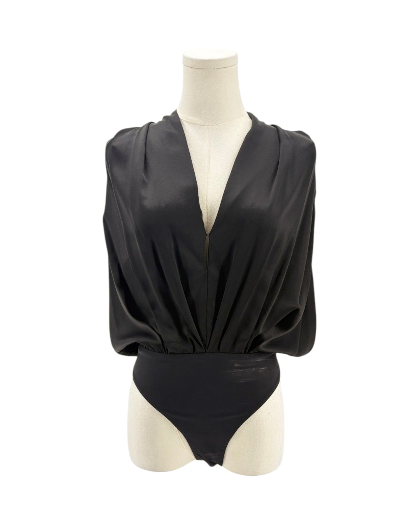 Black silk bodysuit on a mannequin on a white background