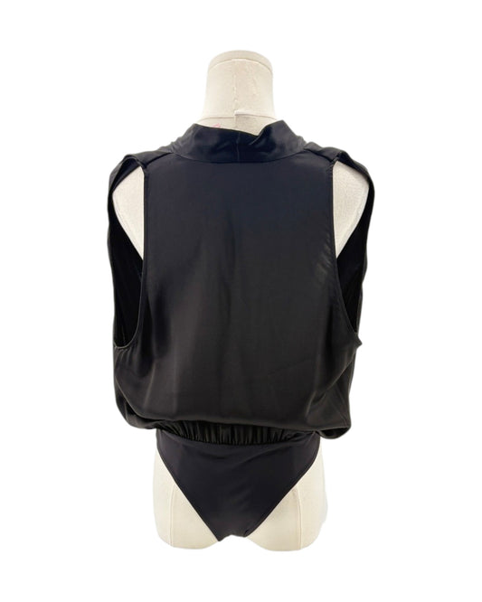 Black silk bodysuit on a mannequin on a white background