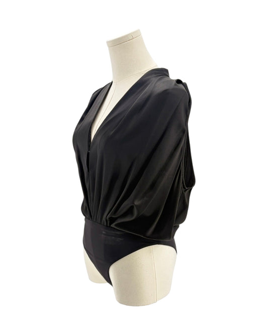 Black silk bodysuit on a mannequin on a white background
