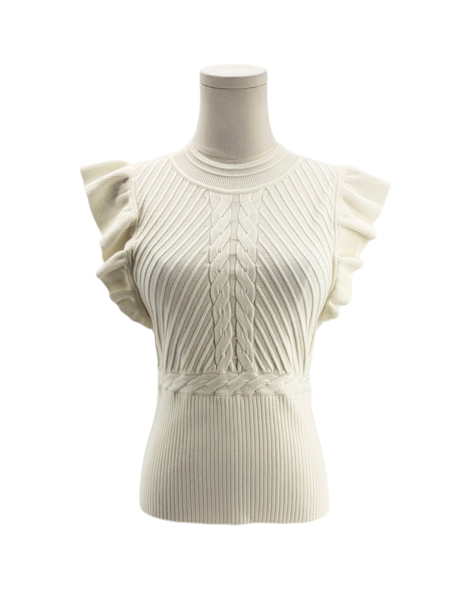 White ribbed knit sleeveless top on a mannequin against a white background