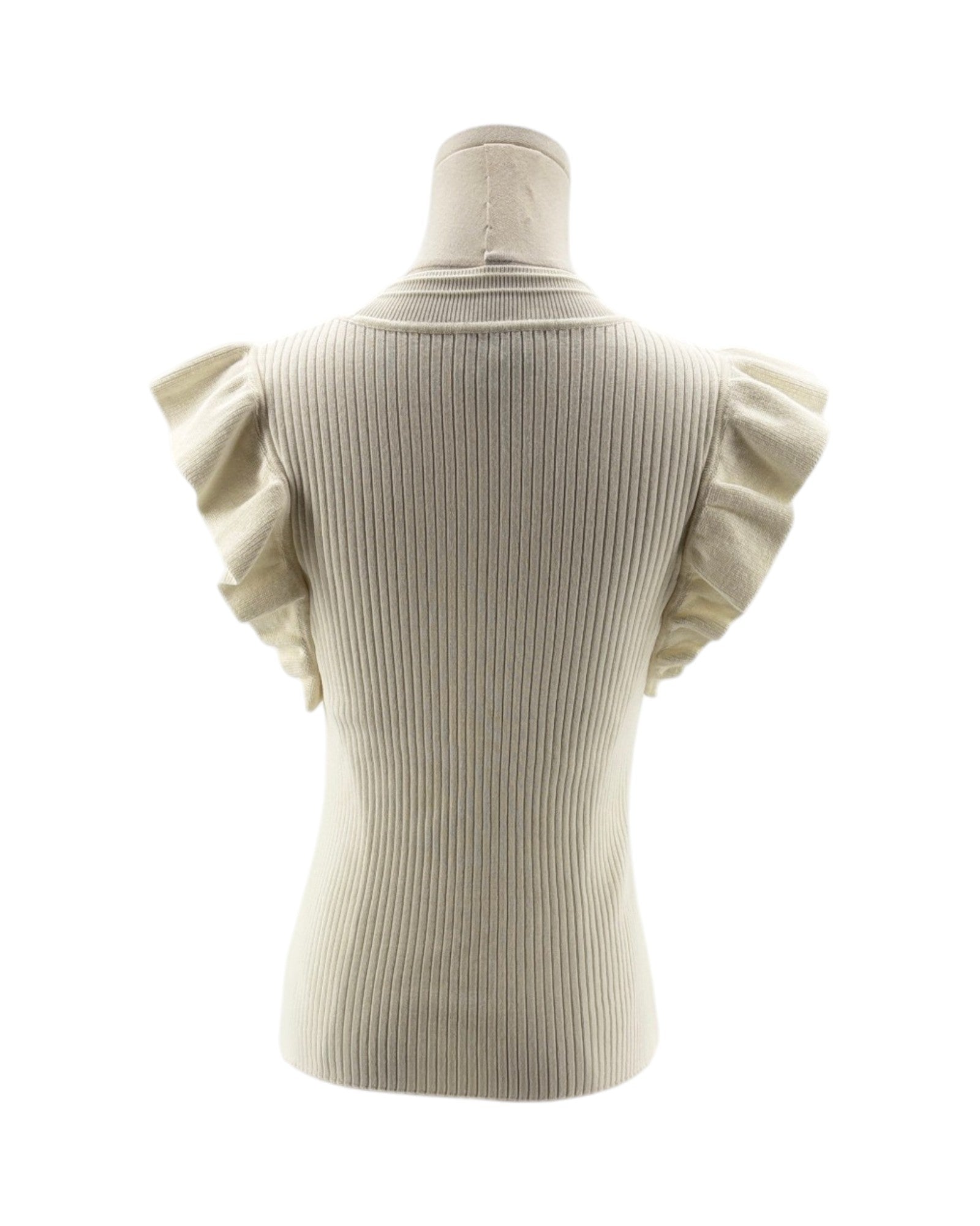 Beige ribbed knit top with short sleeves on a mannequin against a white background