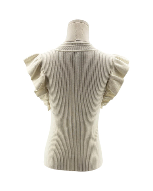 Beige ribbed knit top with short sleeves on a mannequin against a white background