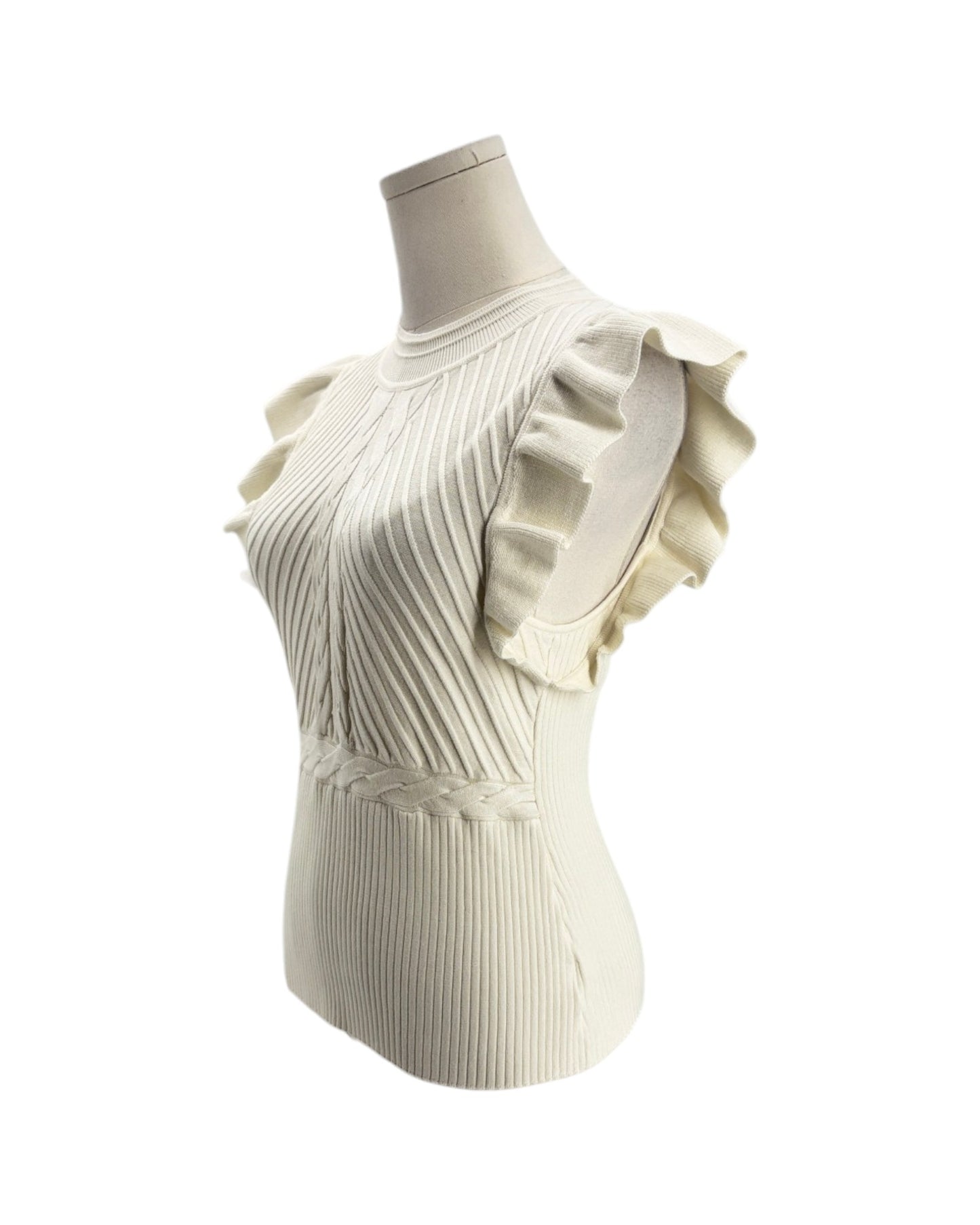 White ribbed knit top with ruffled sleeves on a mannequin against a white background