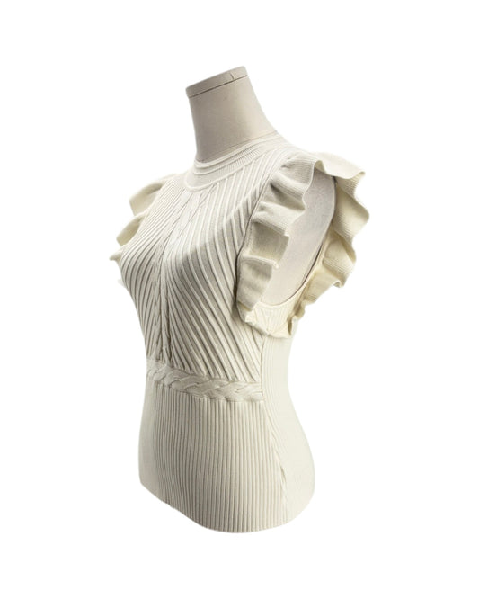 White ribbed knit top with ruffled sleeves on a mannequin against a white background