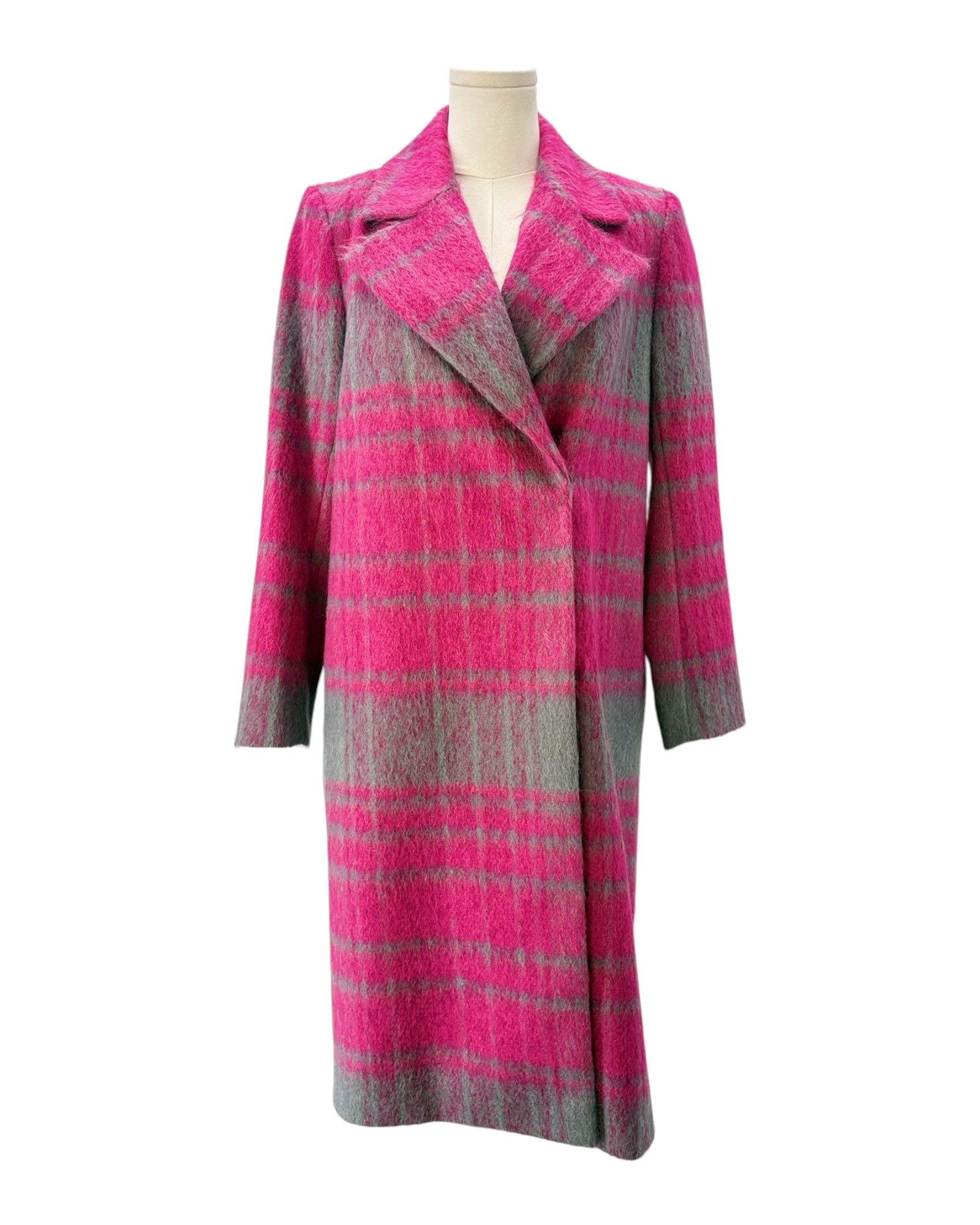 Pink and gray plaid coat on a mannequin against a white background