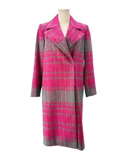 Pink and gray plaid coat on a mannequin against a white background