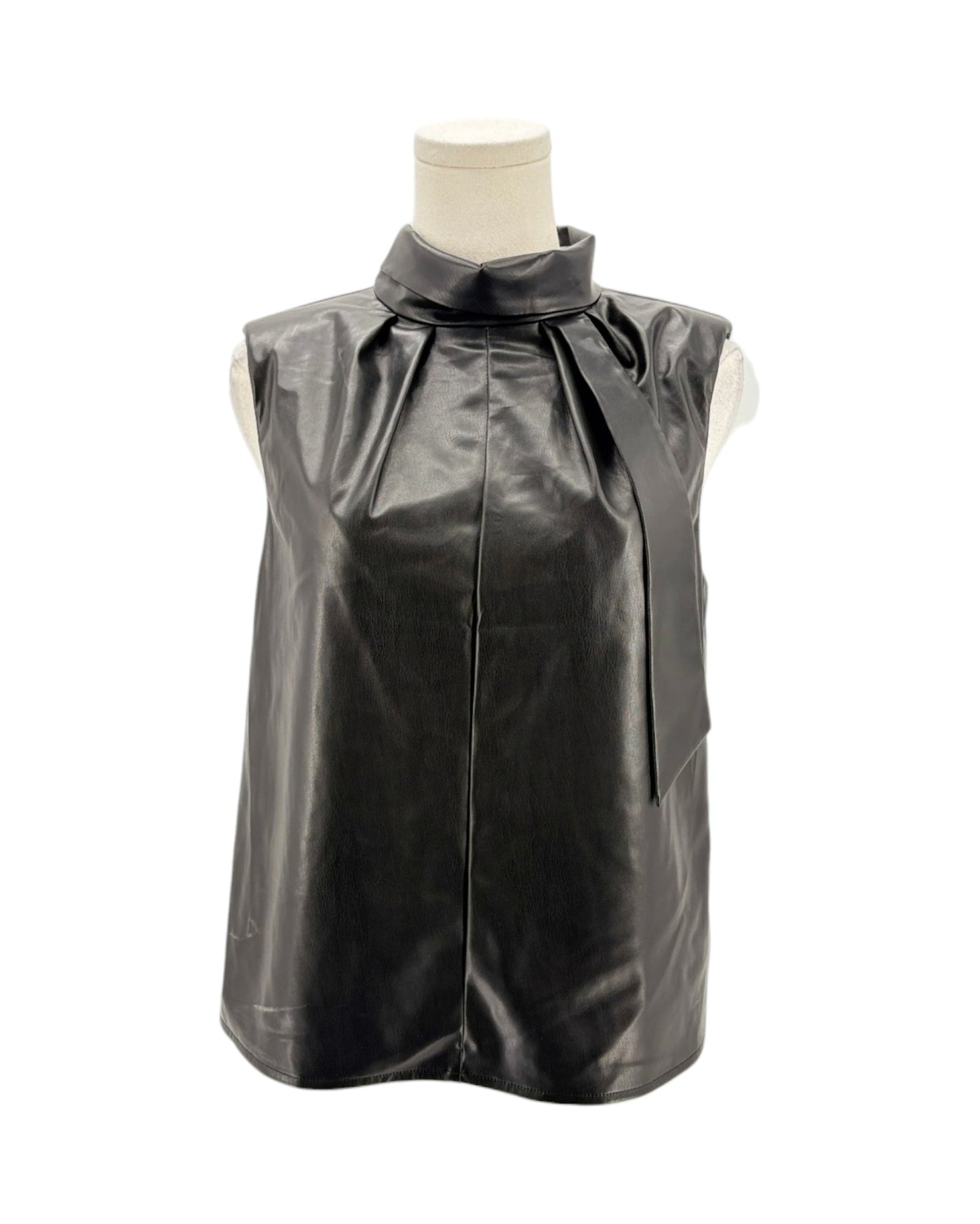 Black leather sleeveless top on a mannequin against a white background