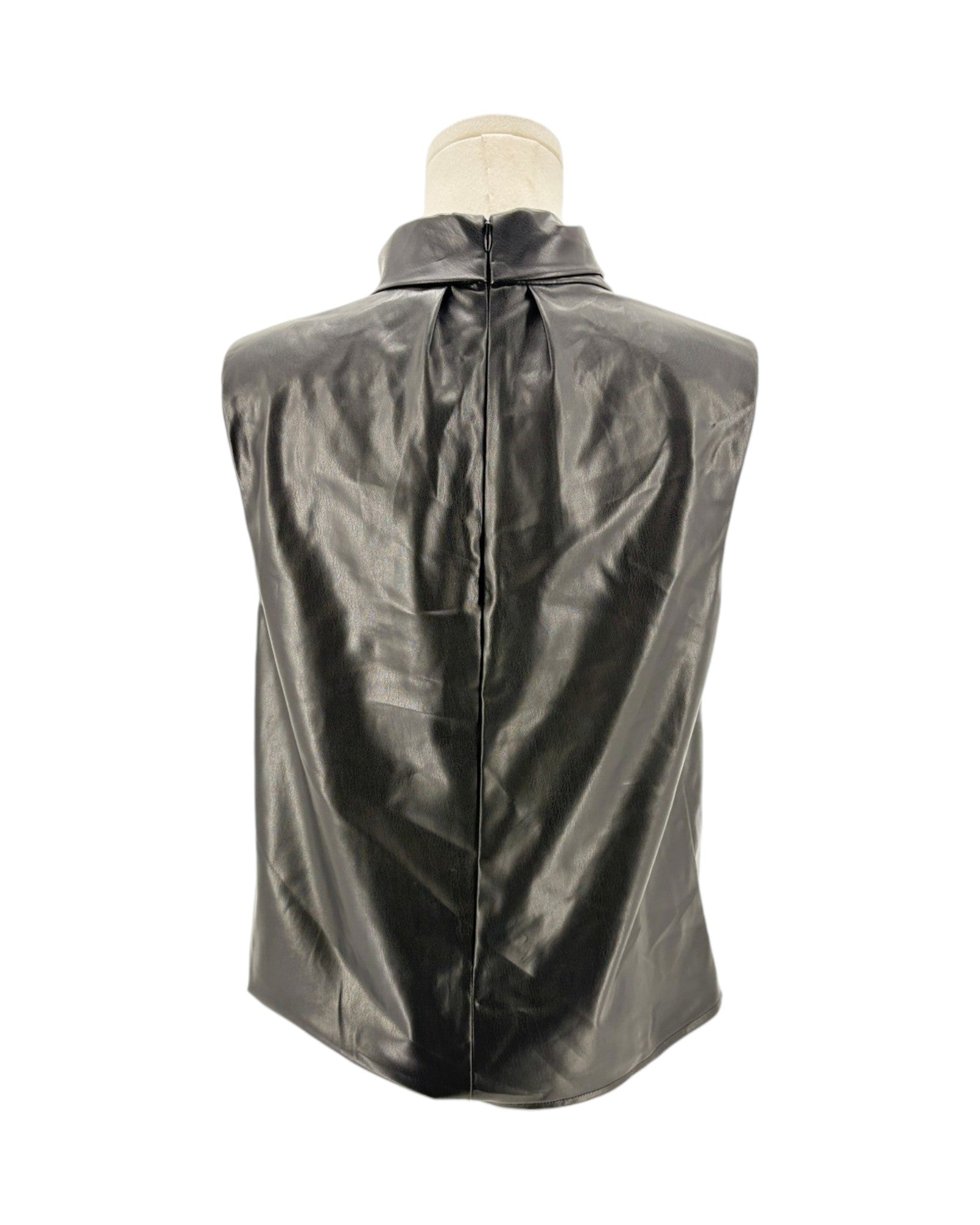 Black leather vest on a mannequin against a white background