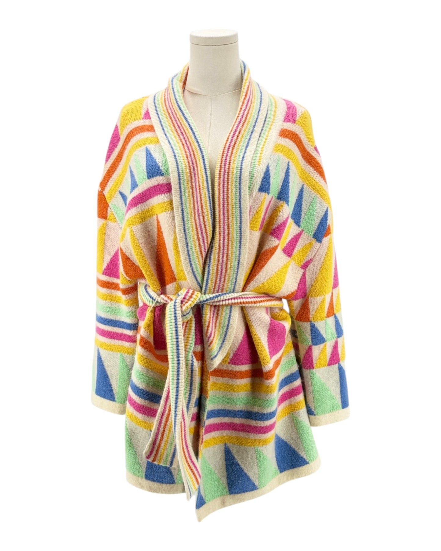 Colorful geometric-patterned robe on a mannequin against a white background
