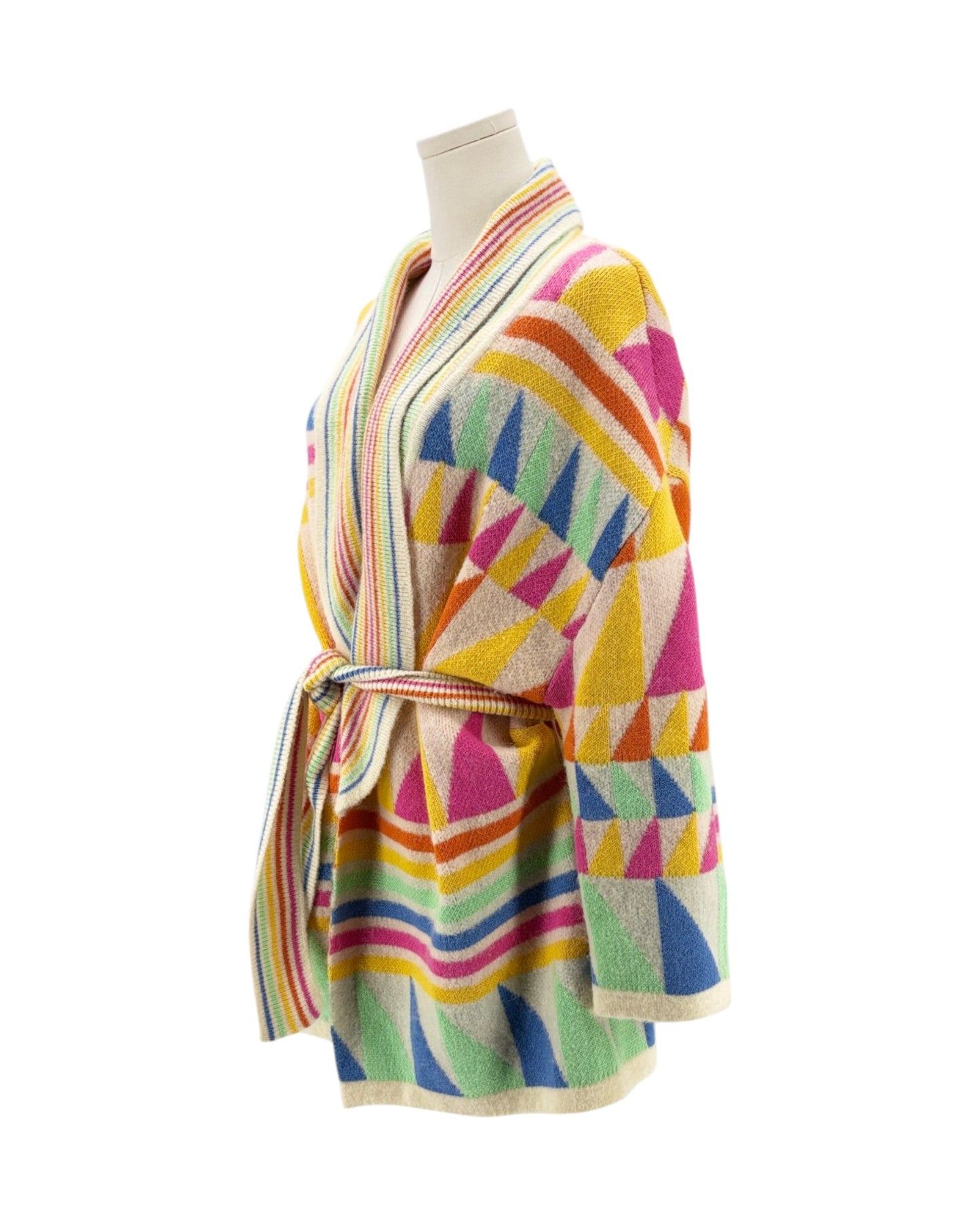 Colorful geometric-patterned robe on a mannequin against a white background