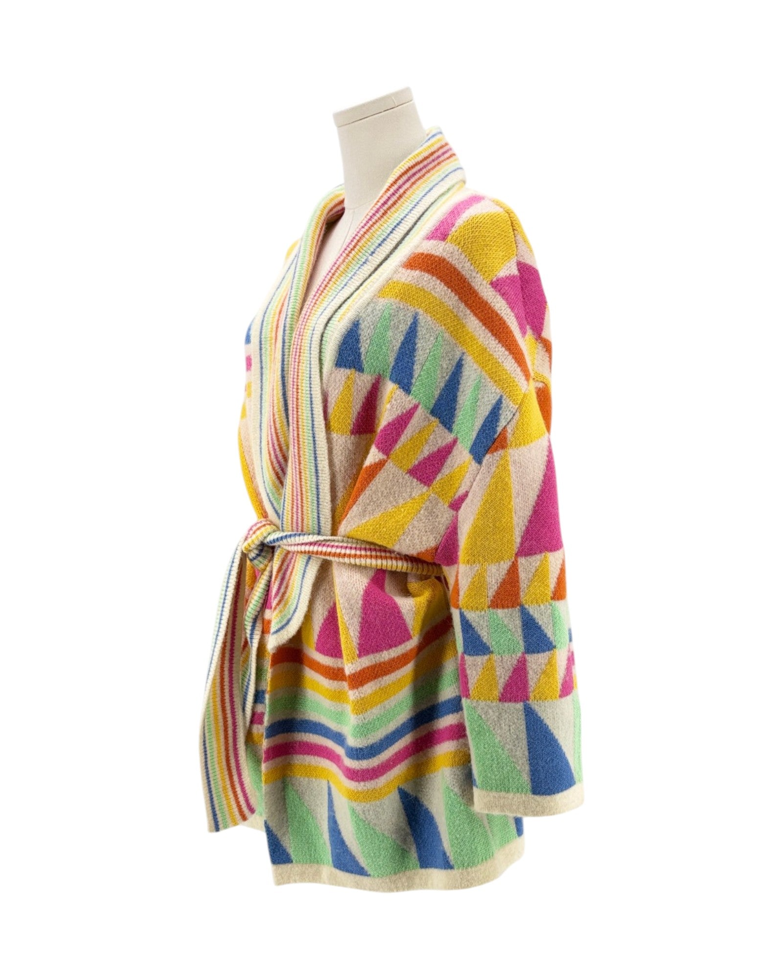 Colorful geometric-patterned robe on a mannequin against a white background