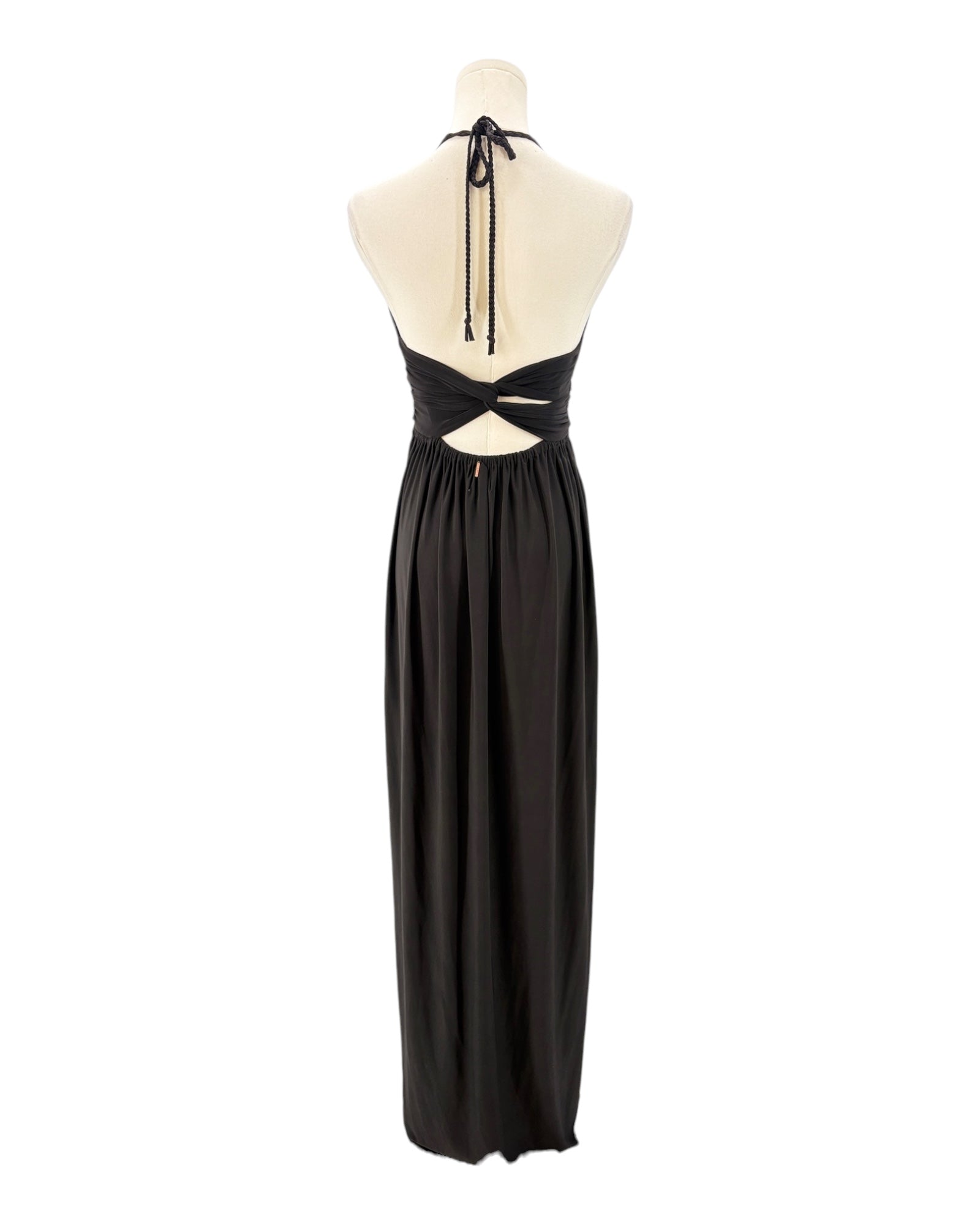 Black halter neck dress on a mannequin against a white background
