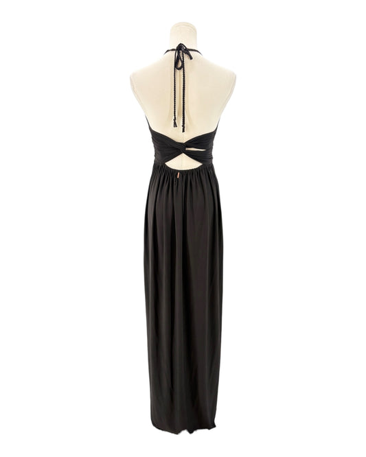 Black halter neck dress on a mannequin against a white background
