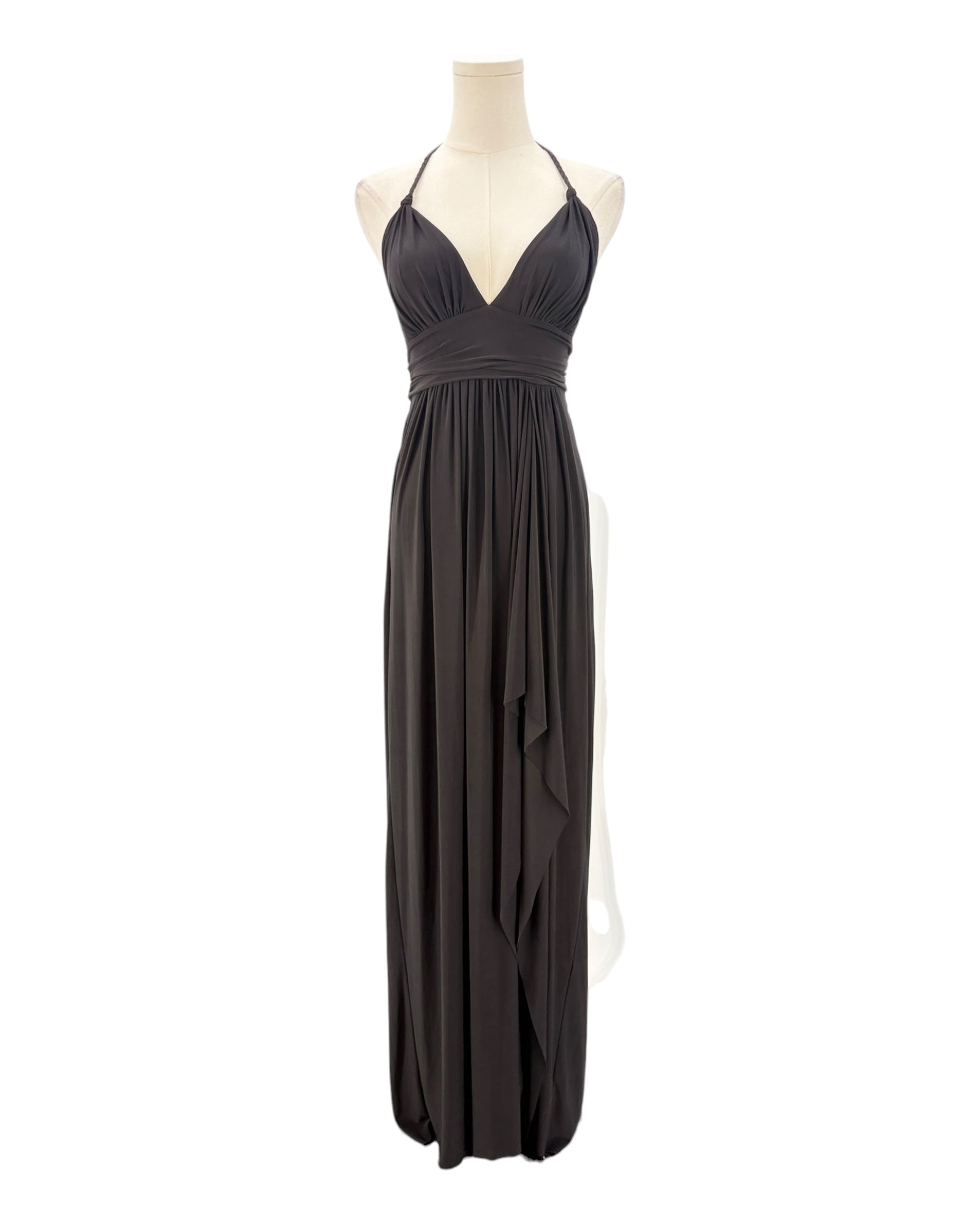 Black maxi dress on a mannequin against a white background