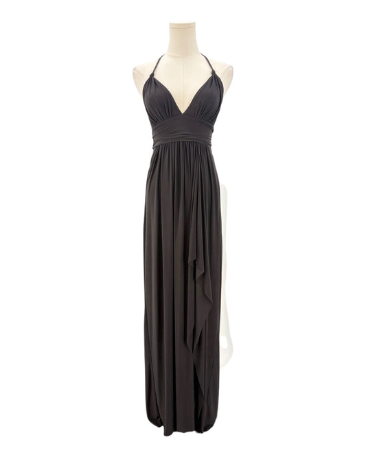 Black maxi dress on a mannequin against a white background