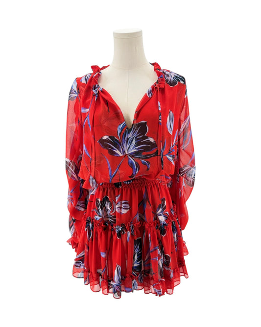 Red floral dress on a mannequin against a white background