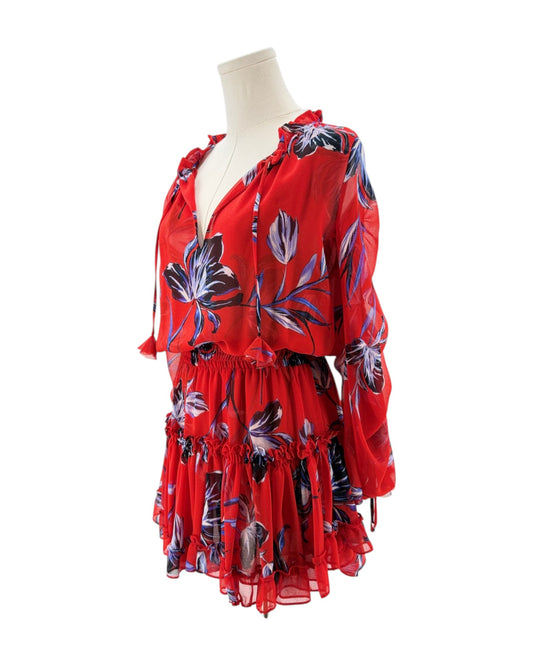 Red floral dress on a mannequin against a white background