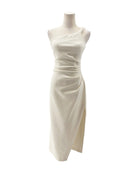 White one-shoulder dress on a mannequin against a white background