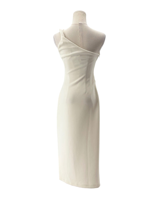 White one-shoulder dress on a mannequin against a white background