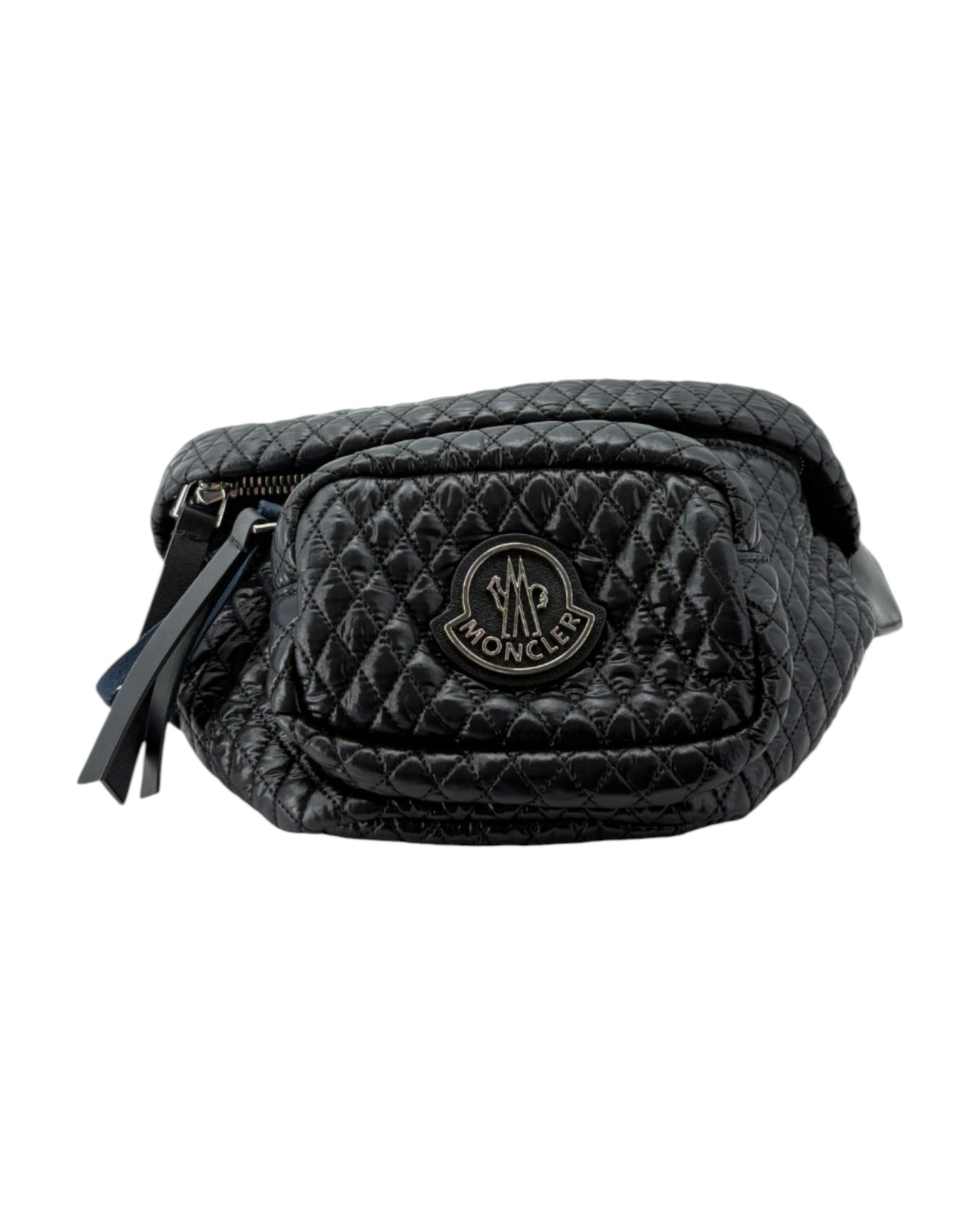 Black quilted waist bag with a brand logo on a white background