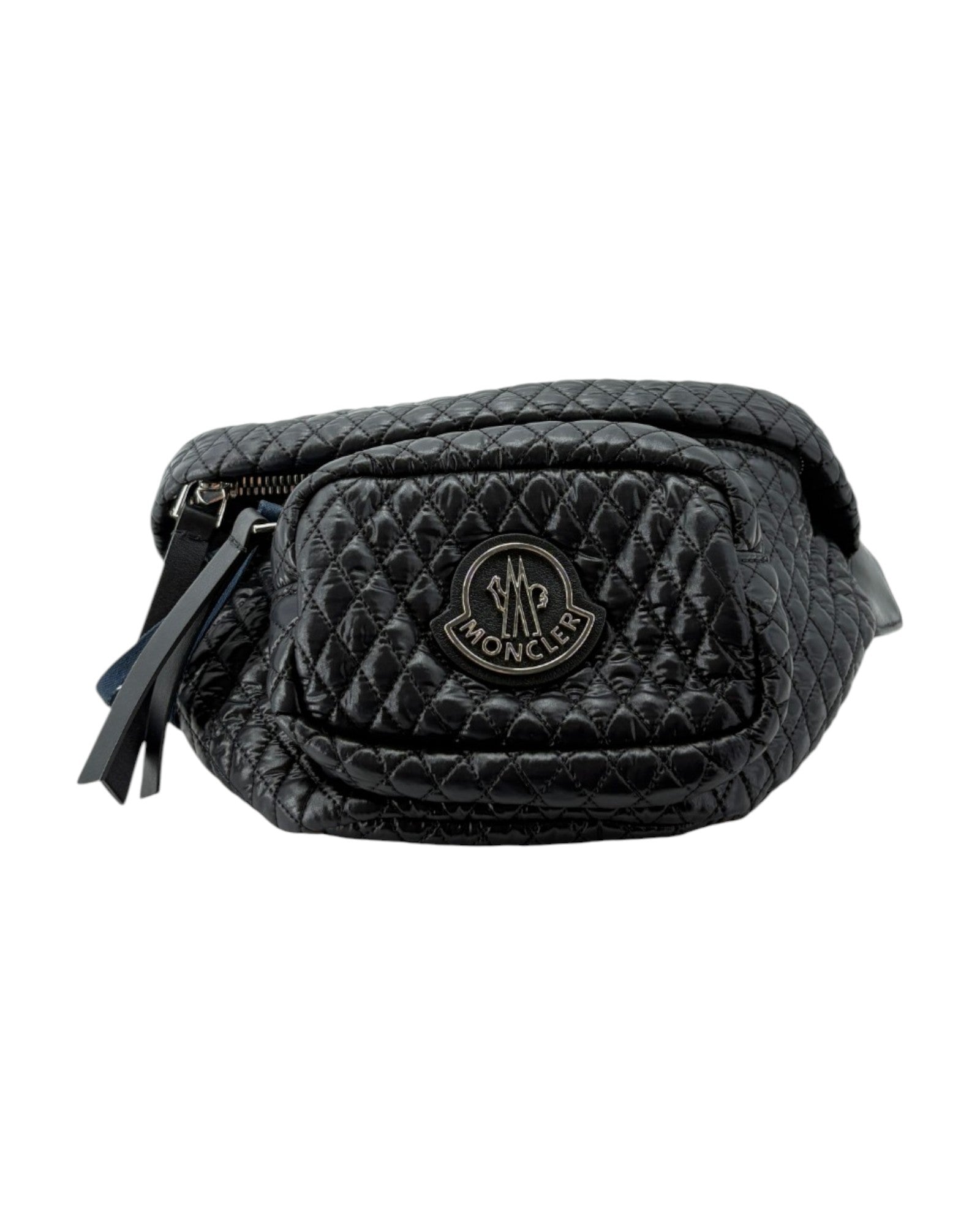 Black quilted waist bag with a brand logo on a white background