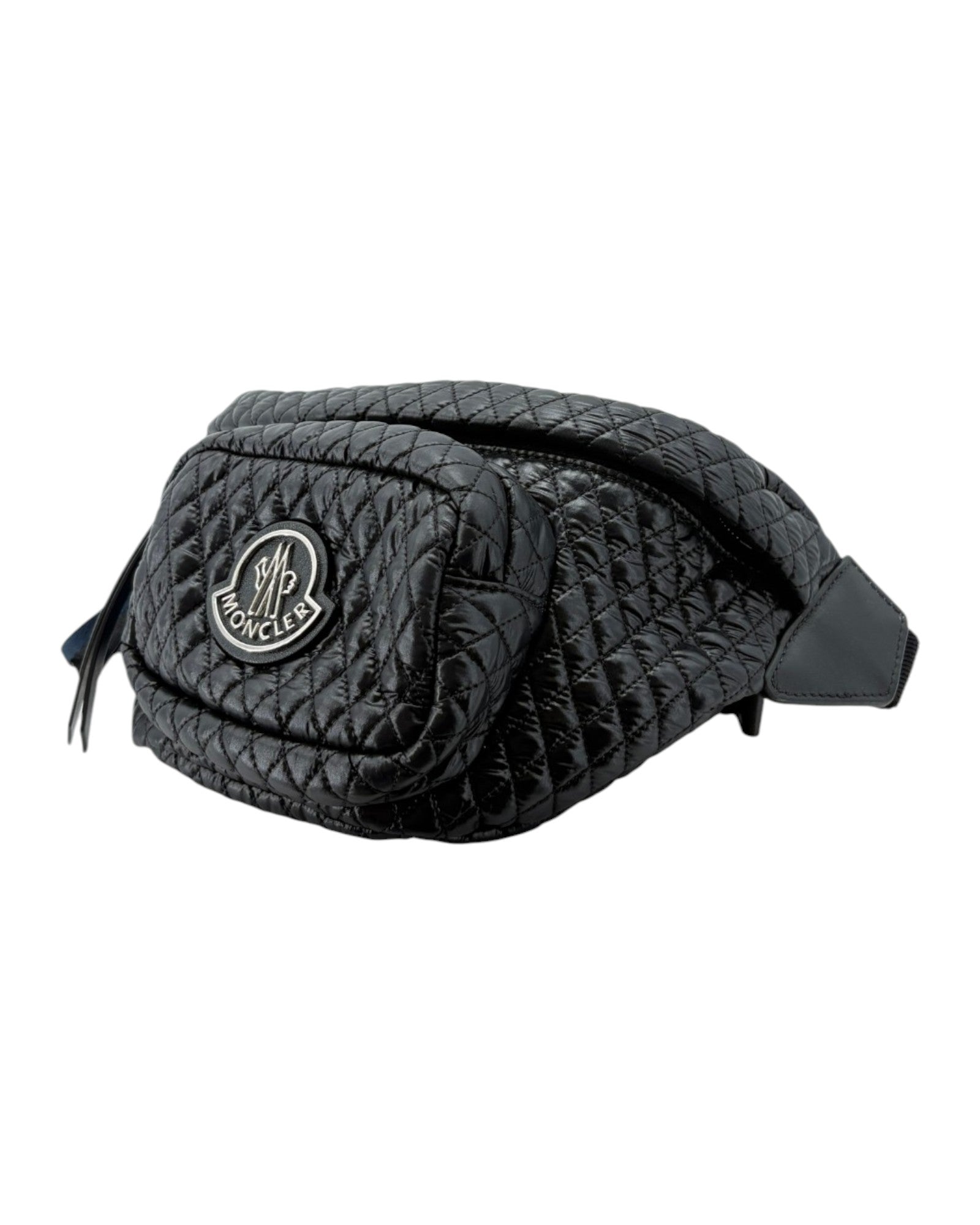 Black quilted waist bag with a brand logo on a white background