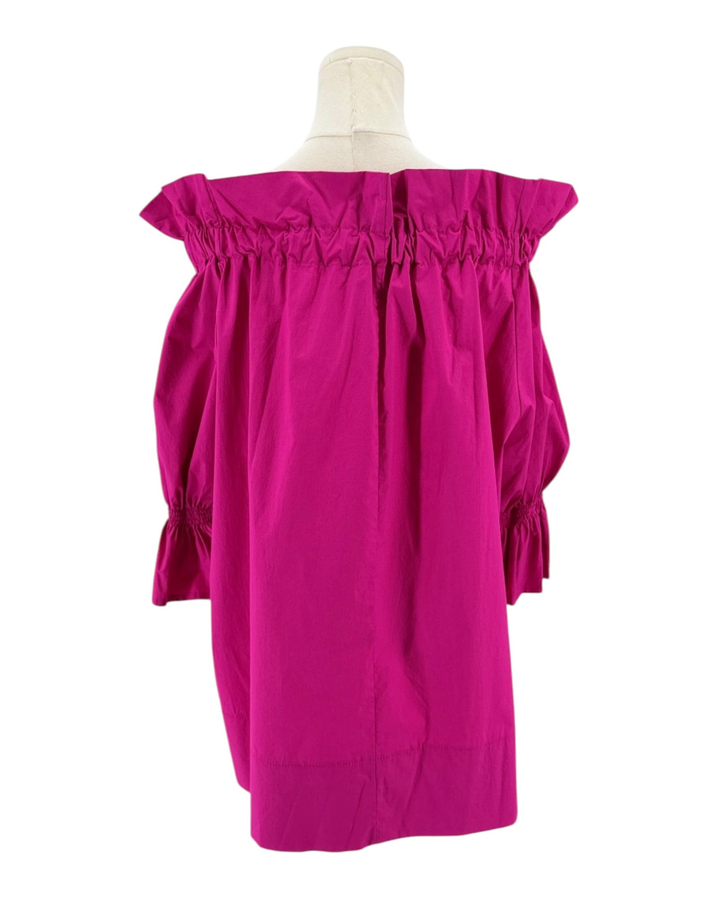 Fuchsia off-shoulder dress on a mannequin against a white background